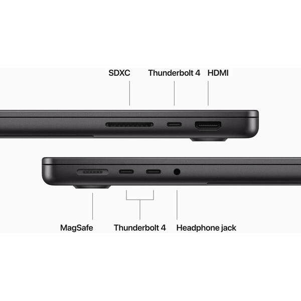 Laptop MacBook Pro 14 Liquid Retina XDR, 14.2 inch, Apple M3 Pro chip (11-core CPU), 18GB, 1TB SSD, Apple M3 Pro 14-core GPU, macOS Sonoma, Space Black, INT keyboard, 2023