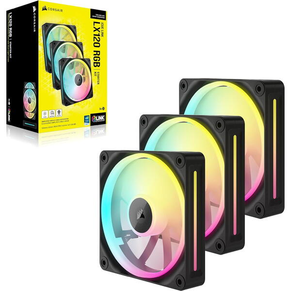 Ventilator PC Corsair iCUE Link LX120 RGB Starter Kit 120mm, Triple Pack, Negru