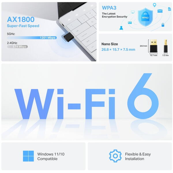 Placa de retea Wireless TP-LINK ARCHER TX20 NANO, AX1800, Dual-Band WiFi 6