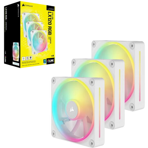 Ventilator PC Corsair iCUE Link LX120 RGB Starter Kit 120mm PWM Three Fan Pack White