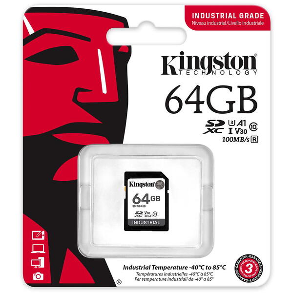 Card Memorie Kingston SDXC Industrial 64GB, Class 10, UHS-I U3, V30, A1