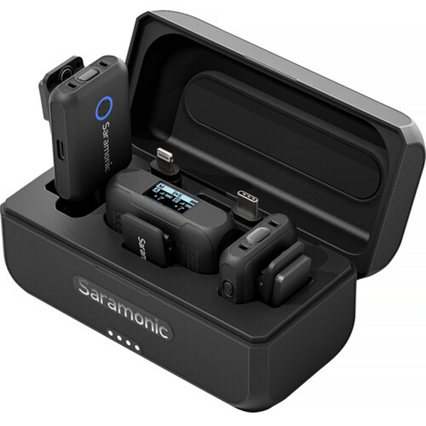 Solutie Intercom Saramonic Kit microfon wireless Blink500B2+ 2TX+RX2.4 GHz, display OLED, carcasa incarcare, 1250mAh