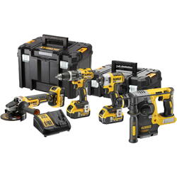 Set 4 scule, 3x Masina de gaurit + Polizor unghiular DCK422P3T, 3x Acumulator RX 18V si Incarcator + 2x Valiza