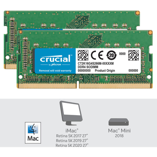 Memorie Notebook Crucial DDR4 32GB 2666 MHz, CL19, Kit Dual Channel pentru Mac