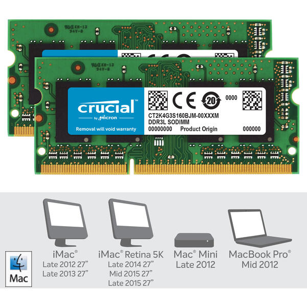 Memorie Notebook Crucial DDR3 8GB 1600 MHz, CL11 Kit Dual Channel, Compatibil MAC