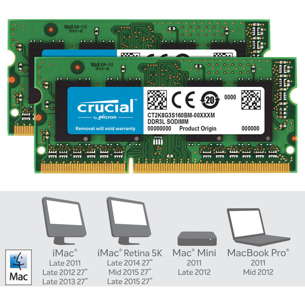 Memorie Notebook Crucial DDR3 16GB 1600 MHz, CL11 Kit Dual Channel, Compatibil MAC