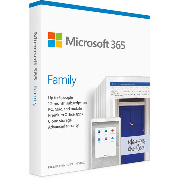 Microsoft Office 365 Family, Engleza, Subscriptie 1 An, 6 Utilizatori, Medialess Retail