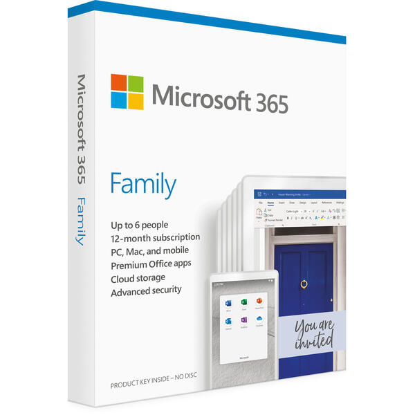 Microsoft Office 365 Family 2020, Romana, Medialess Retail, Subscriptie 1 year/6 User