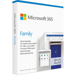 Microsoft Office 365 Family, Engleza, Subscriptie 1 An, 6 Utilizatori, Medialess Retail