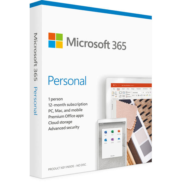 Microsoft Office 365 Personal 64-bit, Engleza, Subscriptie 1 An, 1 Utilizator, Medialess Retail