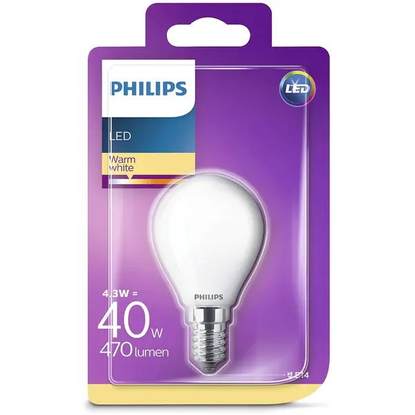 Philips Bec LED tip lumanare 4.3W (40W), E14, alb cald