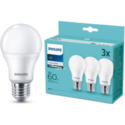 Pachet 3 becuri LED Philips, A60, E27, 8W
