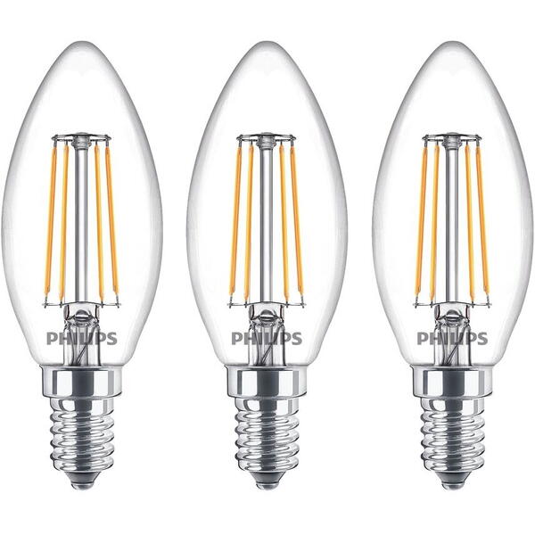 Philips Pachet 3 becuri LED filament, B35, E14, 4.3W (40W), 470 lm, lumina alba calda (2700K)