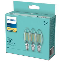 Philips Pachet 3 becuri LED filament, B35, E14, 4.3W (40W), 470 lm, lumina alba calda (2700K)