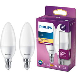 Pachet 2 becuri LED Philips B38, E14, 7W (60W), 806 lm, lumina alba calda (2700K)