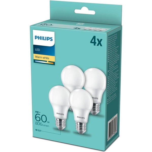 Philips Pachet 4 becuri LED A60, E27, 8W