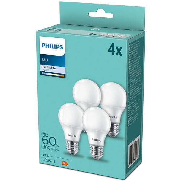 Philips Pachet 4 becuri LED A60, E27, 9W