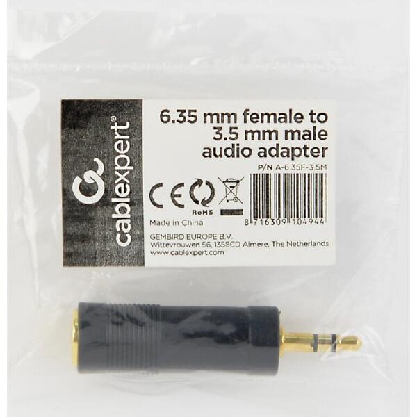 Adaptor audio Gembird Stereo 1 x 6.35 mm jack M la 1 x 3.5 mm jack T, Negru