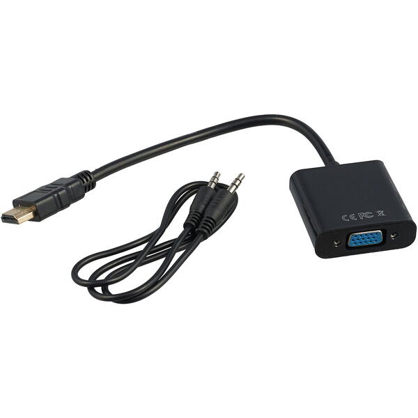 Adaptor  video Gembird Cablu video, splitter HDMI (T) la VGA (M) + Jack 3.5mm (T), 15cm, Negru