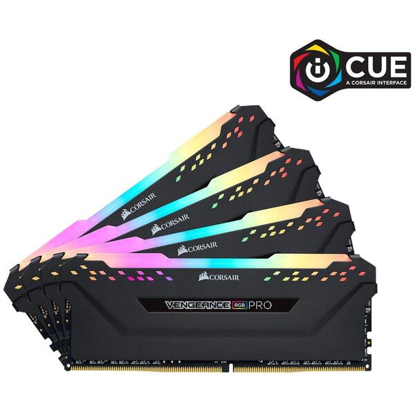 Memorie Corsair Vengeance RGB Pro 32GB, DDR4, 3600MHz, CL16, 1.35V, Kit Quad Channel, Negru