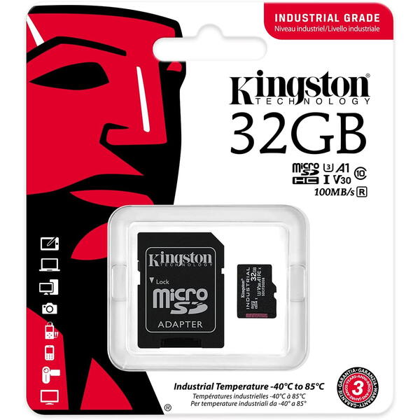 Kingston Industrial microSDHC 32GB, Clasa 10 + Adaptor SD
