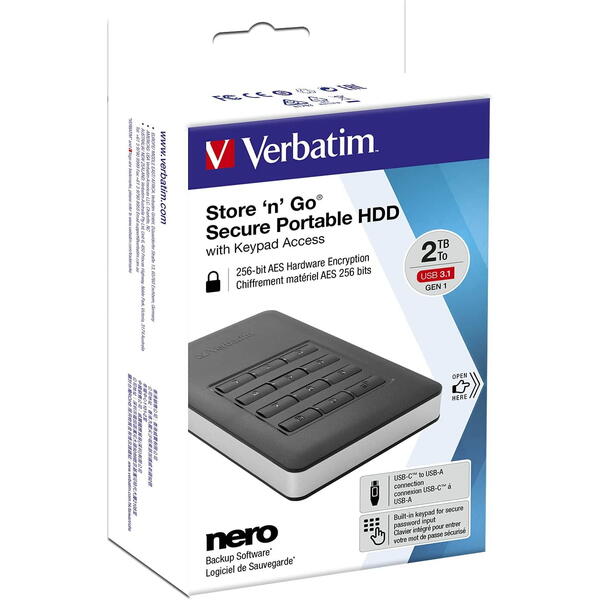 Hard Disk Extern Verbatim Store n Go Secure Portable Keypad Access 2TB USB 3.1