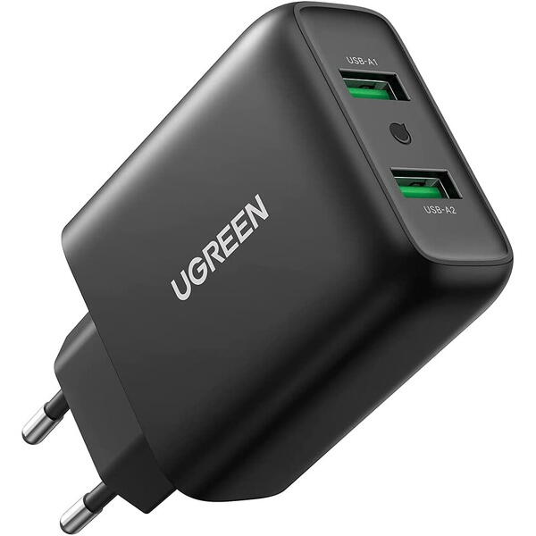 Incarcator retea UGreen CD161 Quick Charge 36W, 2 x USB 5V/3A, Negru