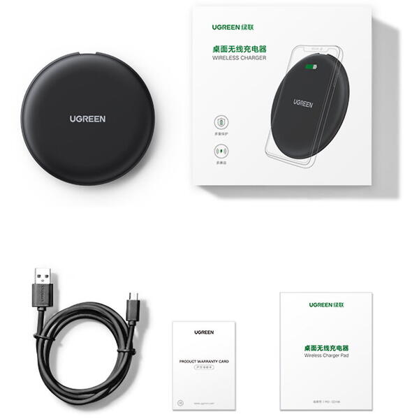 Incarcator wireless UGreen Qi 15W, CD186, cablu Type-C la USB 1m inclus, Negru