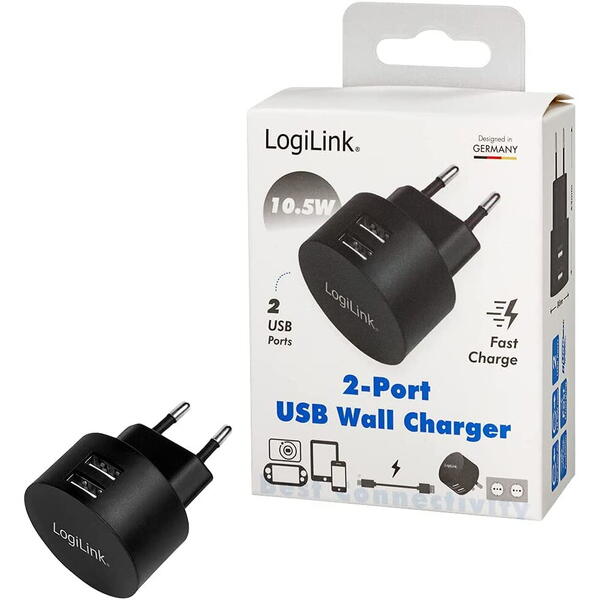 Incarcator retea Logilink PA0218, 2 x USB-A, maxim 2.1A, 10.5W, Negru