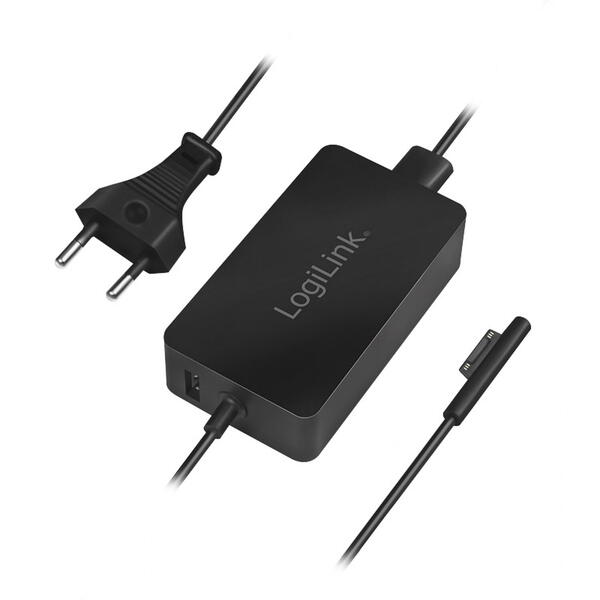 Incarcator Laptop Logilink pentru Microsoft Surface, Compatibil cu Pro 6/4/3 si Laptop/Go/Book, 44W, USB 5V/1A, 0.5m, Negru