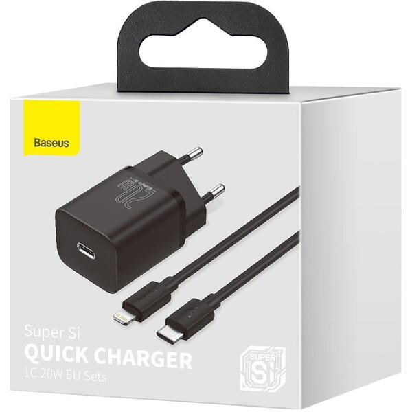 Incarcator retea Baseus Super Si, Quick Charge 20W, 1 x USB Type-C - Lightning  5V/3A, Negru