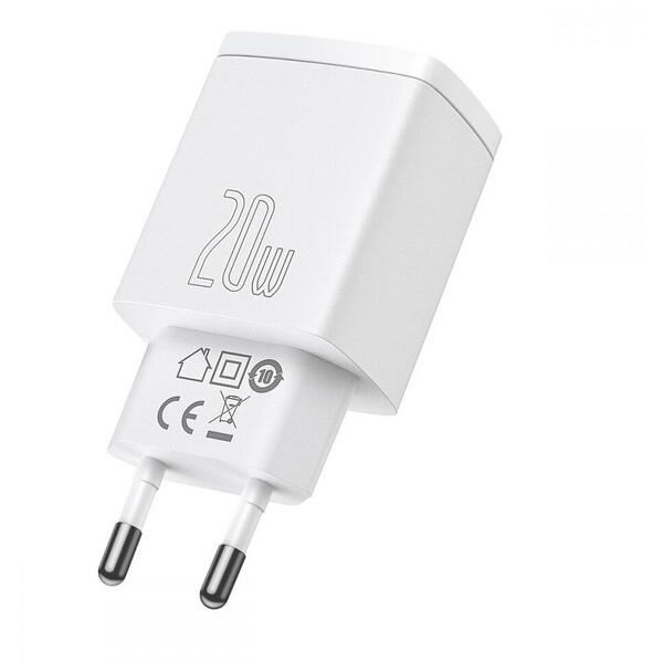 Incarcator retea Baseus Compact, Quick Charge 20W, 1 x USB Type-C 5V/3A si 1 x USB 5V/3A, Alb