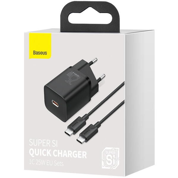 Incarcator retea Baseus Super Si, Quick Charge 25W, 1 x USB Type-C 5V/3A, Negru