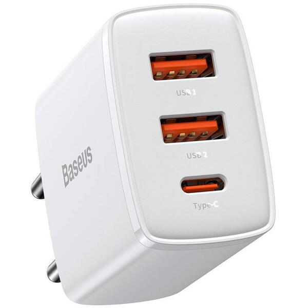 Incarcator retea Baseus Compact, Quick Charge 30W, 2 x USB 5V/3A, 1 x USB Type-C 5V/3A, Alb