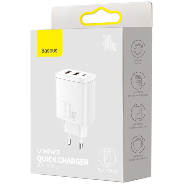 Incarcator retea Baseus Compact, Quick Charge 30W, 2 x USB 5V/3A, 1 x USB Type-C 5V/3A, Alb