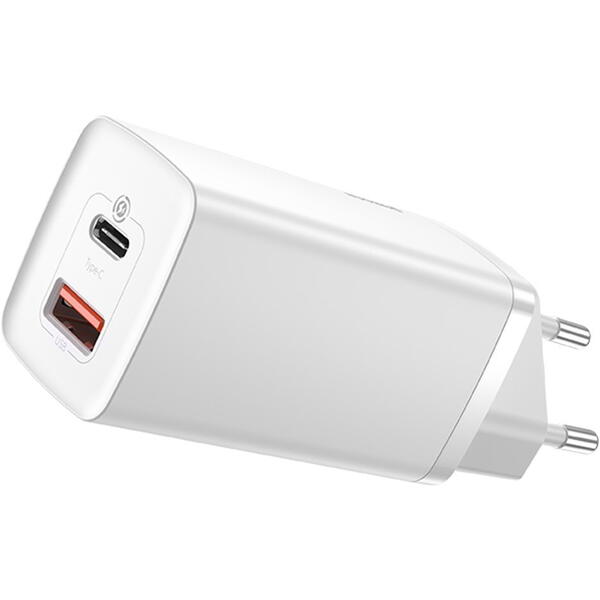 Incarcator retea Baseus GaN2 Lite, Quick Charge 65W, 1 x USB 5V/3A, 1 x USB Type-C 5V/3A, Alb