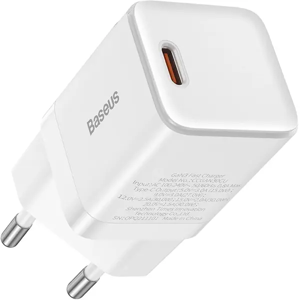 Incarcator retea Baseus GaN3, Quick Charge 30W, 1 x USB Type-C 5V/3A, Alb