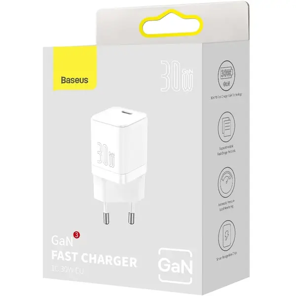 Incarcator retea Baseus GaN3, Quick Charge 30W, 1 x USB Type-C 5V/3A, Alb