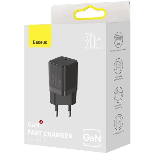Incarcator retea Baseus GaN3, Quick Charge 30W, 1 x USB Type-C 5V/3A, Negru