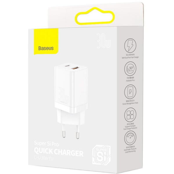 Incarcator retea Baseus Super Si Pro, Quick Charge 30W, 1 x USB 5V/3A, 1 x USB Type-C 5V/3A, Alb