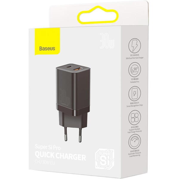 Incarcator retea Baseus Super Si Pro, Quick Charge 30W, 1 x USB 5V/3A, 1 x USB Type-C 5V/3A, Negru