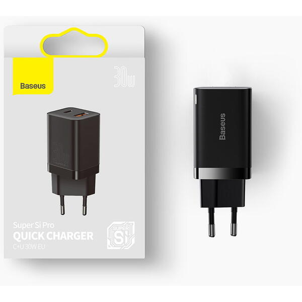 Incarcator retea Baseus Super Si Pro, Quick Charge 30W, 1 x USB 5V/3A, 1 x USB Type-C 5V/3A, Negru