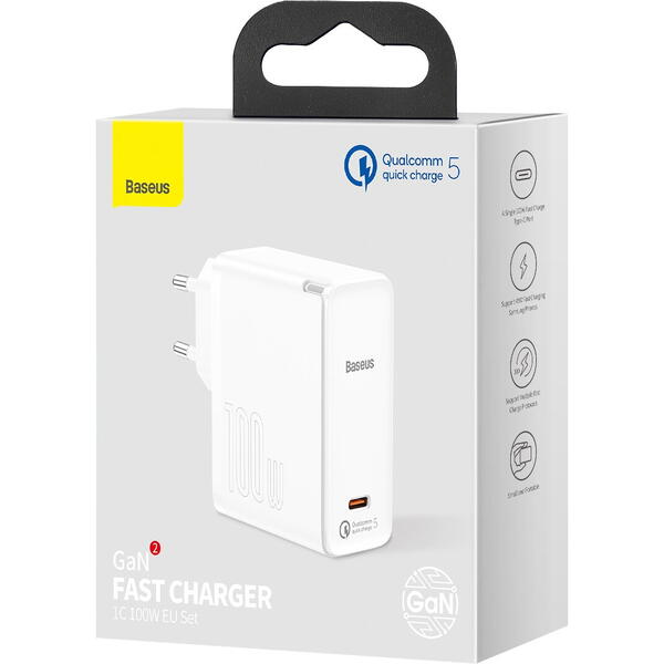 Incarcator retea Baseus GaN2, Quick Charge 5 100W, 1 x USB Type-C 5V/3A, include cablu USB Type-C la USB Type-C 100W 1.5m, Alb