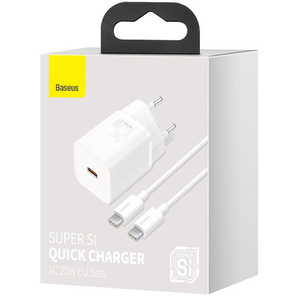 Incarcator retea Baseus Super Si, Quick Charge 25W, 1 x USB Type-C 5V/3A max, include cablu USB Type-C la USB Type-C 1m, Alb