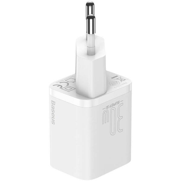 Incarcator retea Baseus Super Si, Quick Charge 30W, 1 x USB Type-C 5V/3A si 1 x USB 5V/3A, Alb