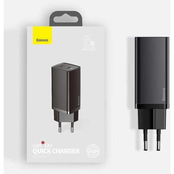 Incarcator retea Baseus GaN2 Lite, Quick Charge 65W, 2 x USB Type-C Output 5V/3A, Negru