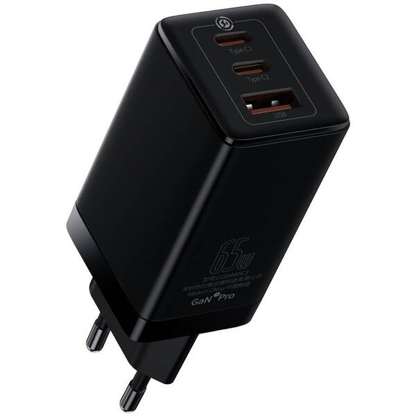 Incarcator retea Baseus GaN3 Pro, Quick Charge 65W, 2 x USB Type-C Output 5V/3A, 1 x USB Output 5V/3A, include cablu USB Type-C la USB Type-C 100W 1m, Negru