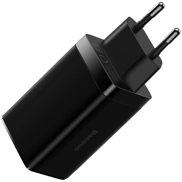 Incarcator retea Baseus GaN3 Pro, Quick Charge 65W, 2 x USB Type-C Output 5V/3A, 1 x USB Output 5V/3A, include cablu USB Type-C la USB Type-C 100W 1m, Negru