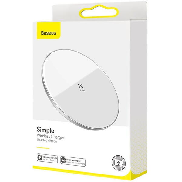 Incarcator wireless Baseus Simple Qi 15W, Cablu Type-C la USB 1m inclus, Alb