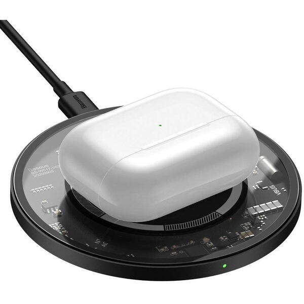 Incarcator wireless Baseus Simple Qi 15W, incarcare MagSafe, Aluminiu, cablu Type-C la USB inclus, Negru transparent